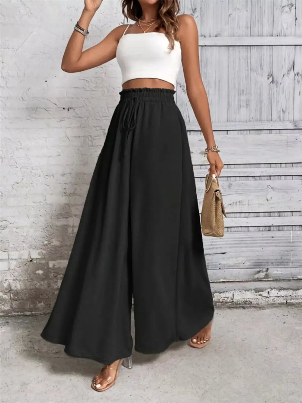 Wide Leg Drawstring Waist Casual Pants