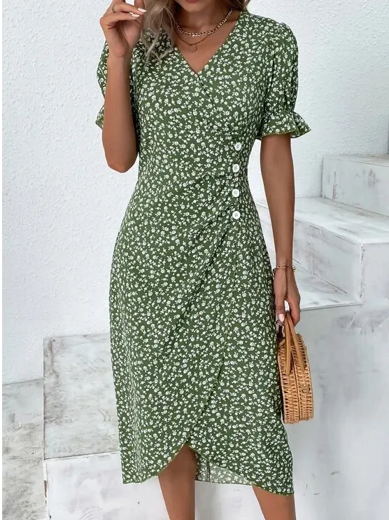 Women Vacation Floral Print V Neck Button Dress