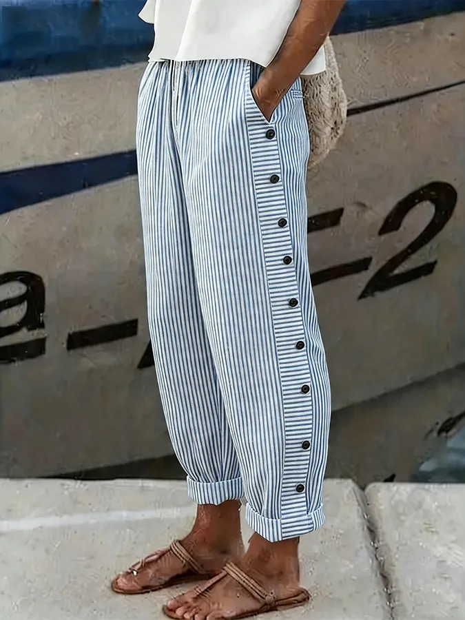 Women's cotton and linen striped buttoned pants