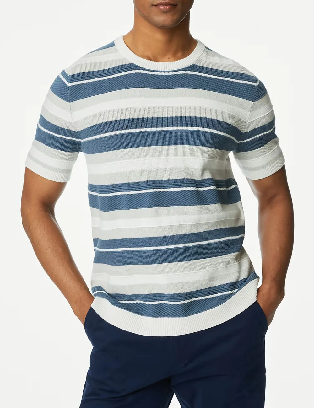 Cotton Rich Striped Crew Neck Knitted T-shirt