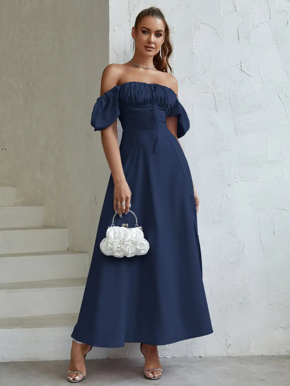 Puff Sleeve Tie Front Off Shoulder Slit Thigh Dress