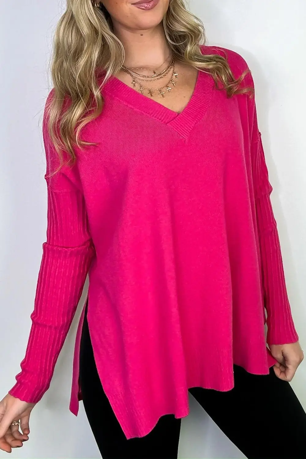 V-Neck Ribbed Hem Sweater