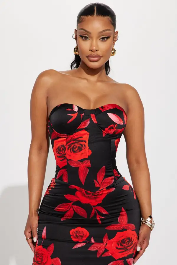 Rosie Satin Maxi Dress - Red/combo