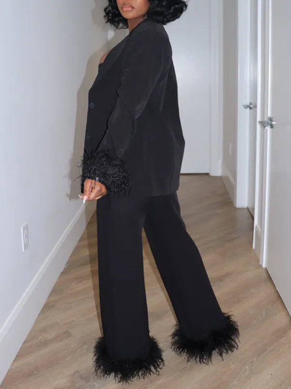 Black Feather Decorated Suit Pants Set