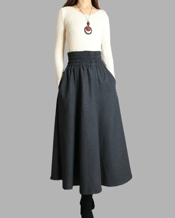 Casual Pocketed Wool Flared Maxi Skirt