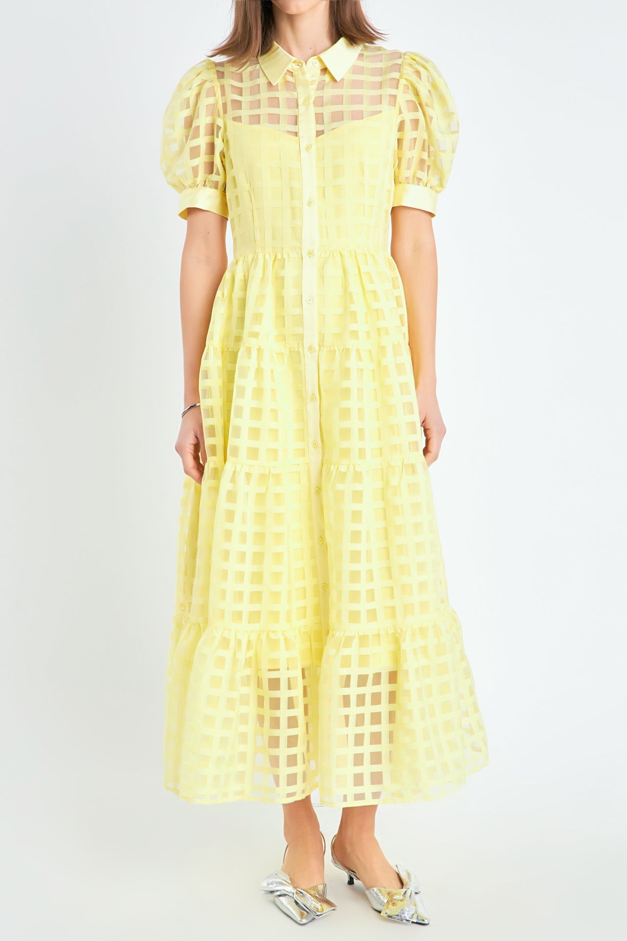 Gridded Organza Tiered Maxi Dress