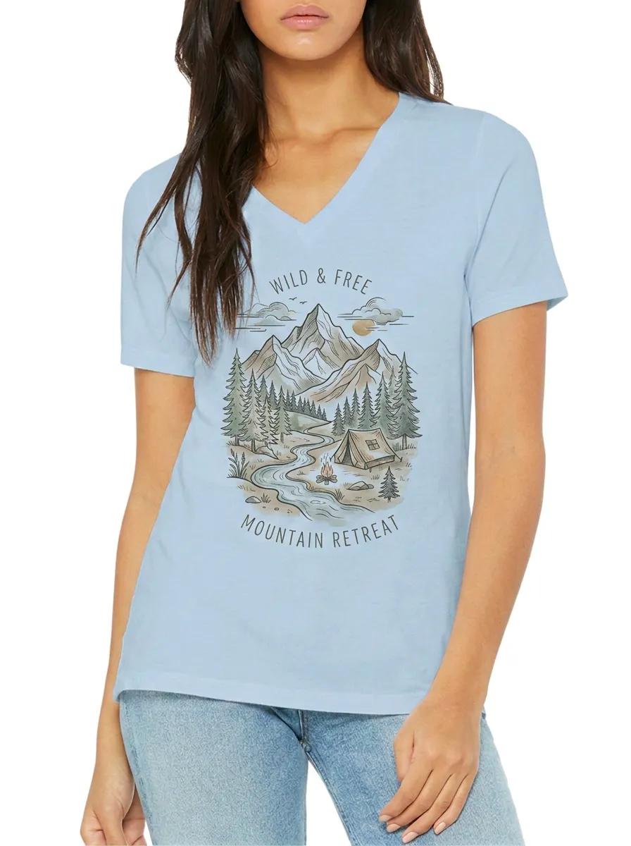 Women's Camping Lover Mountain Forest Printed V-Neck T-Shirt
