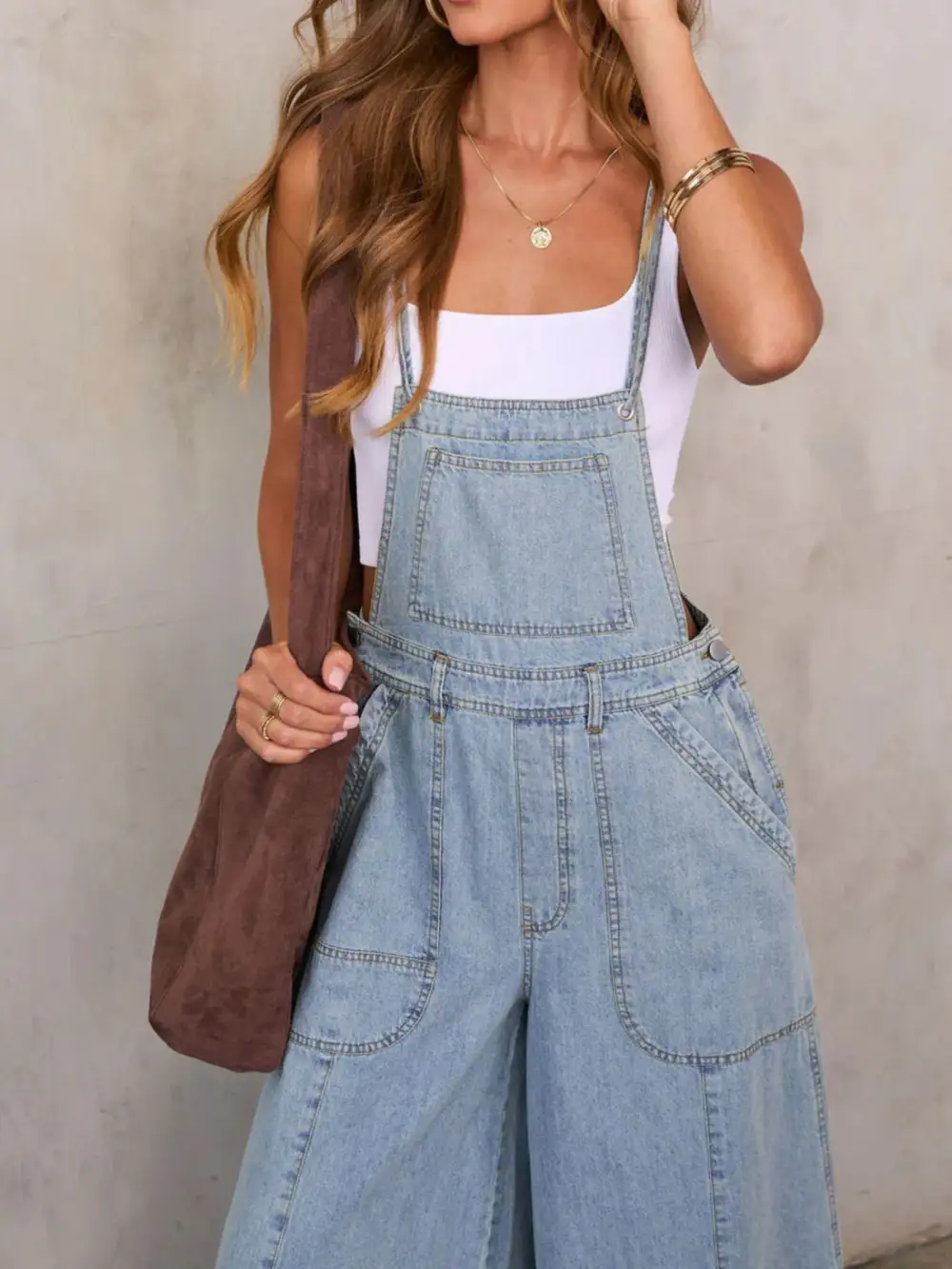Polished Denim Wide Leg Overalls