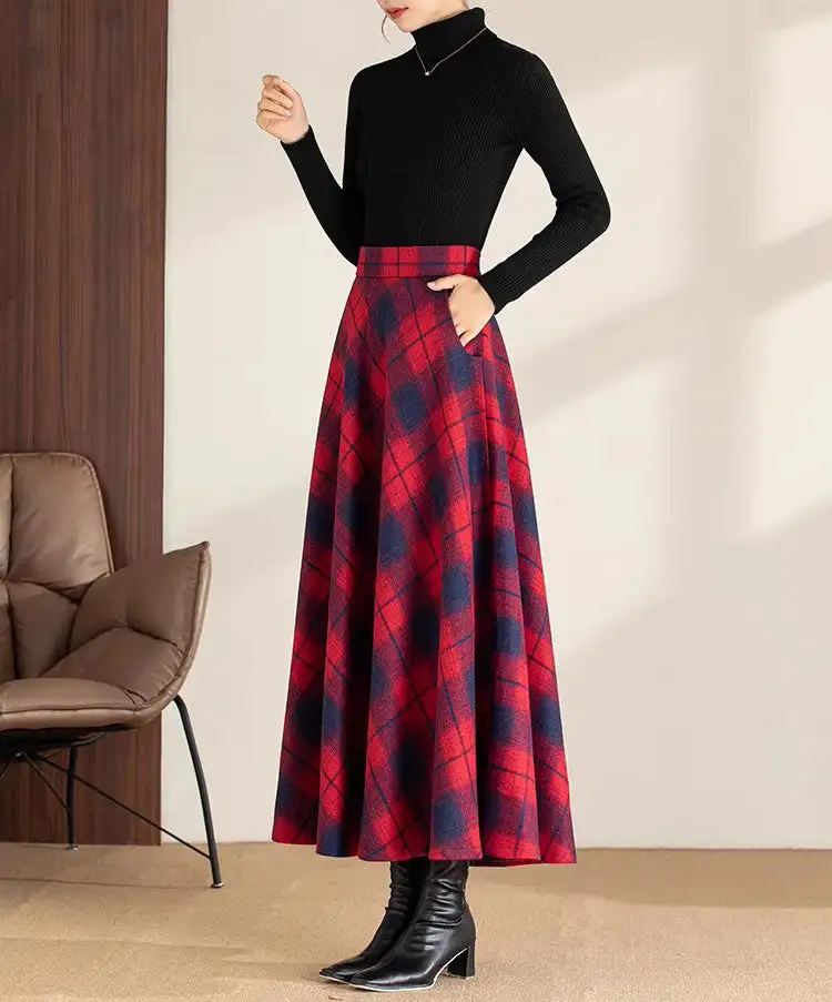 Relaxed Plaid Wool A Line Maxi Skirt