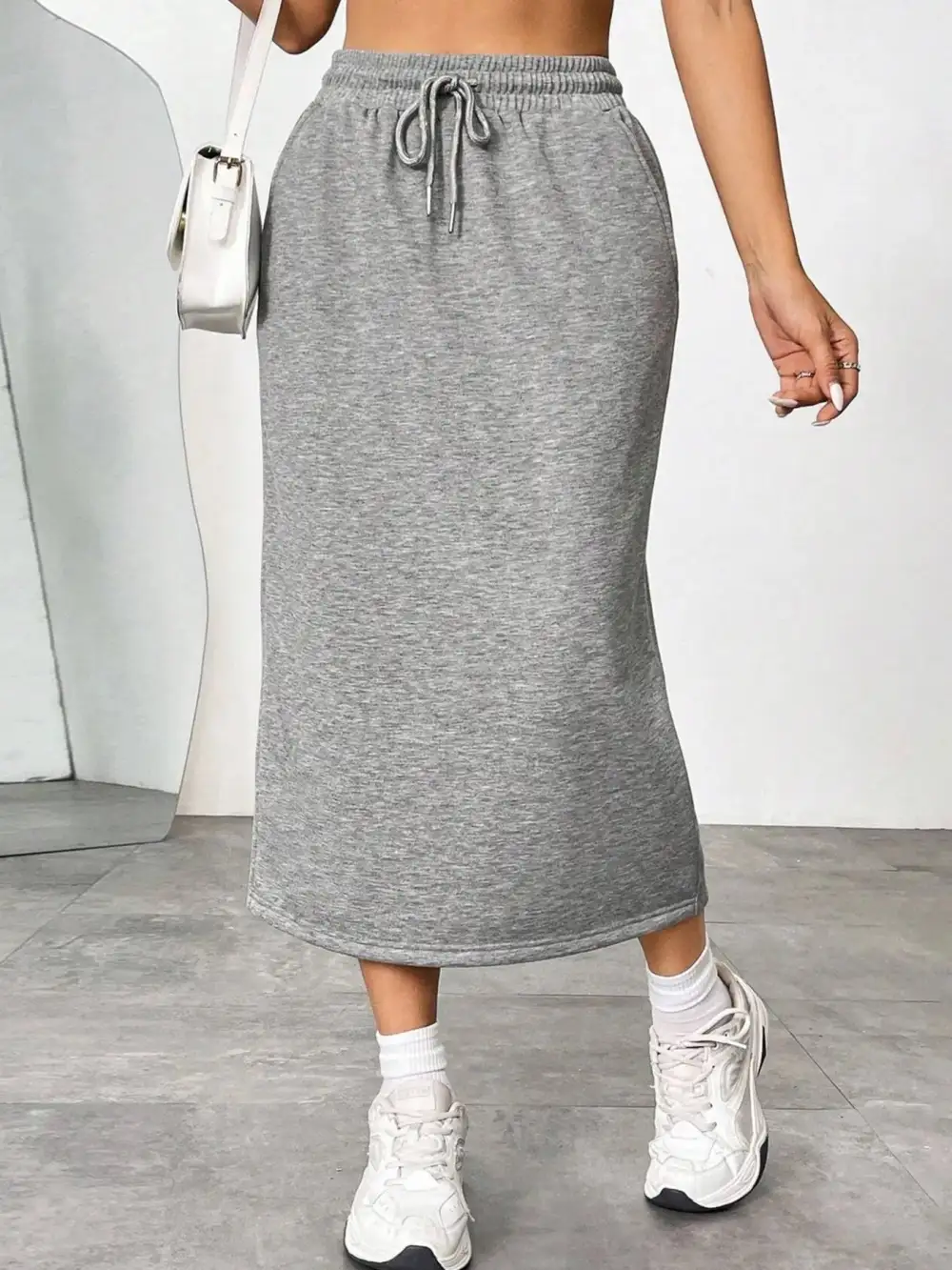 Drawstring Side Slit Midi Skirt