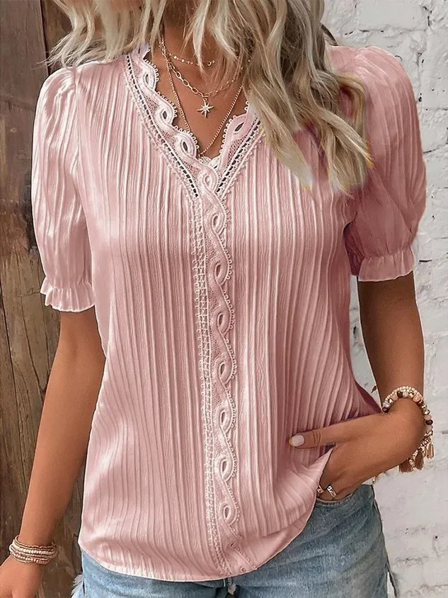 V Neck Plain Lace Elegant Shirt