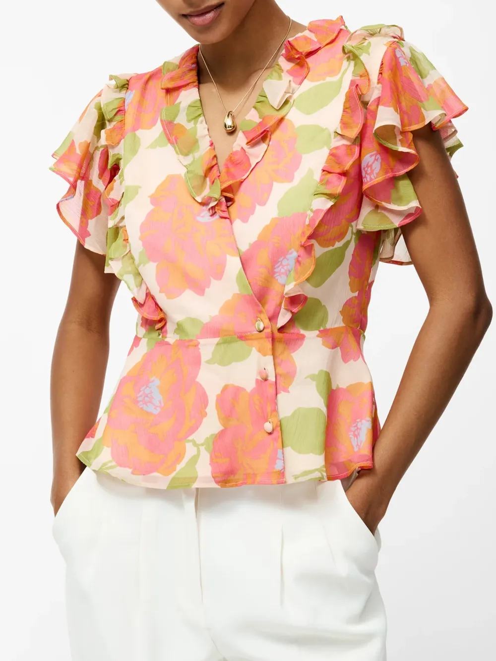 Breathable V-Neck Cropped Top With Ruffled Sleeves