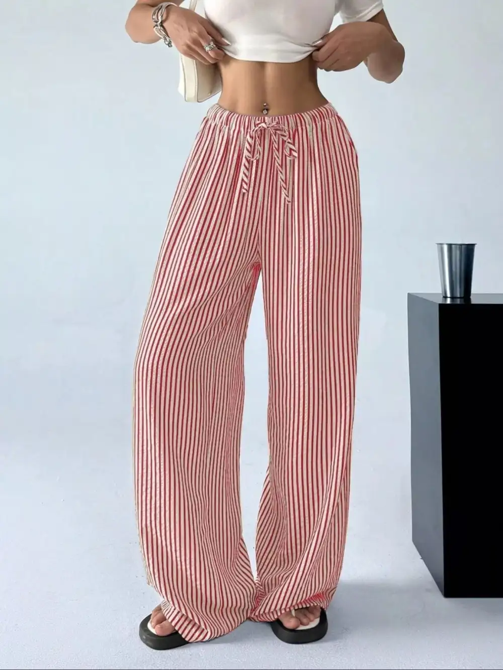 Full Size Striped Drawstring Waist Wide Leg Pants