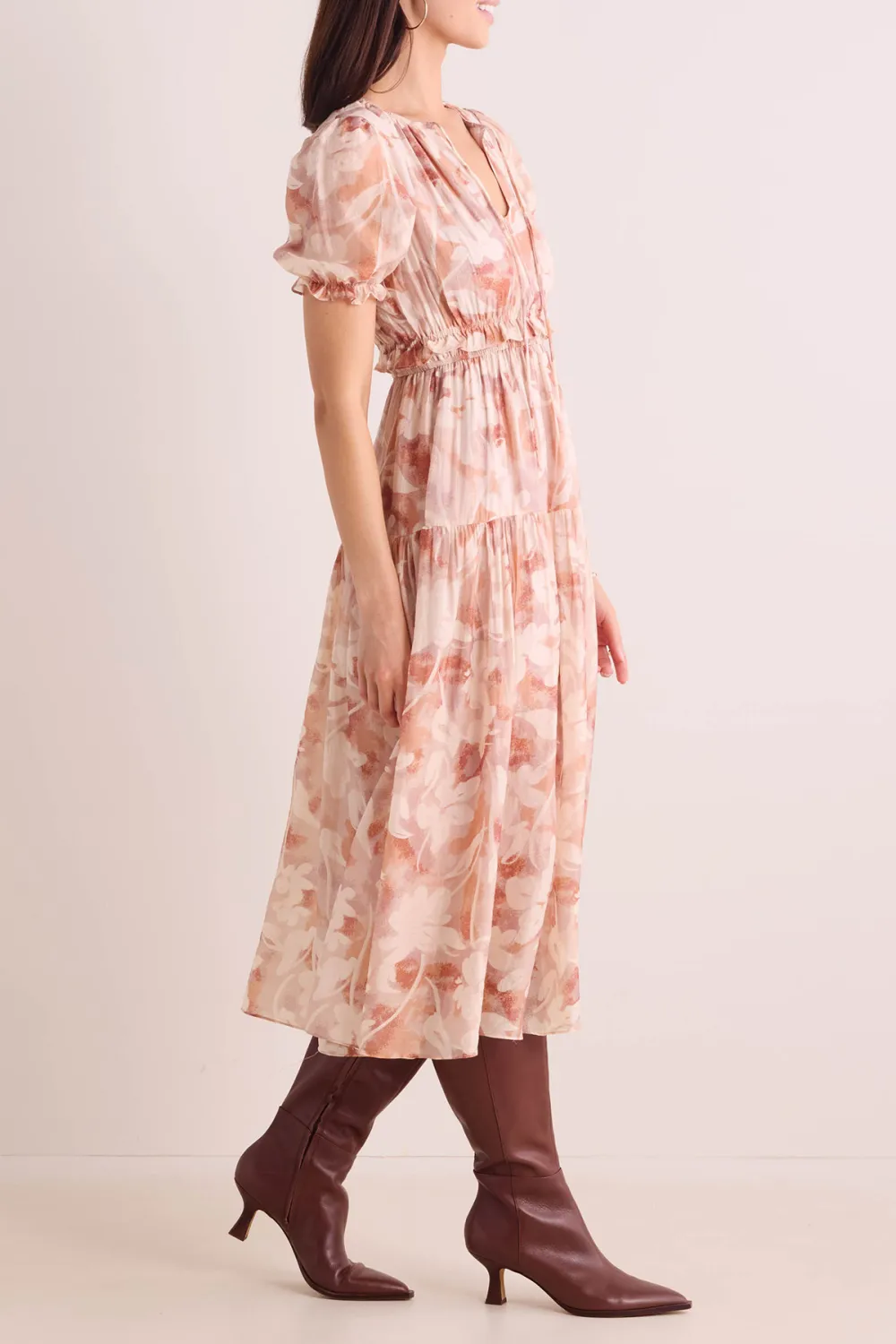 Nude Floral Print Tie-Waist Midi Dress