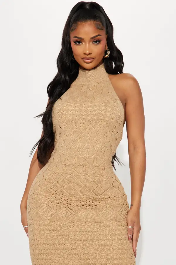 Resort Paradise Halter Crochet Maxi Dress - Taupe