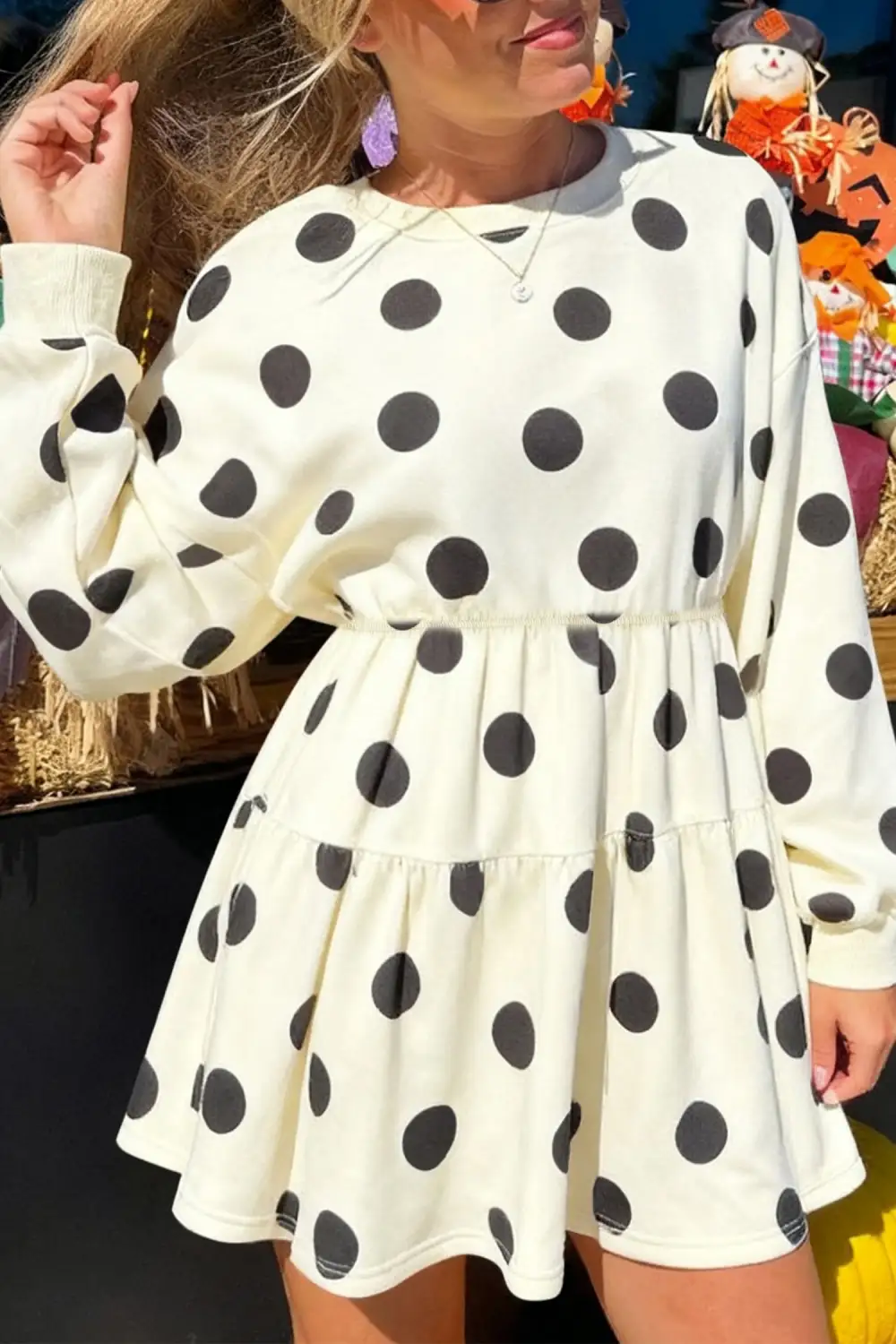 Polka Dot Printed Long Sleeve Flared Mini Dress Classic