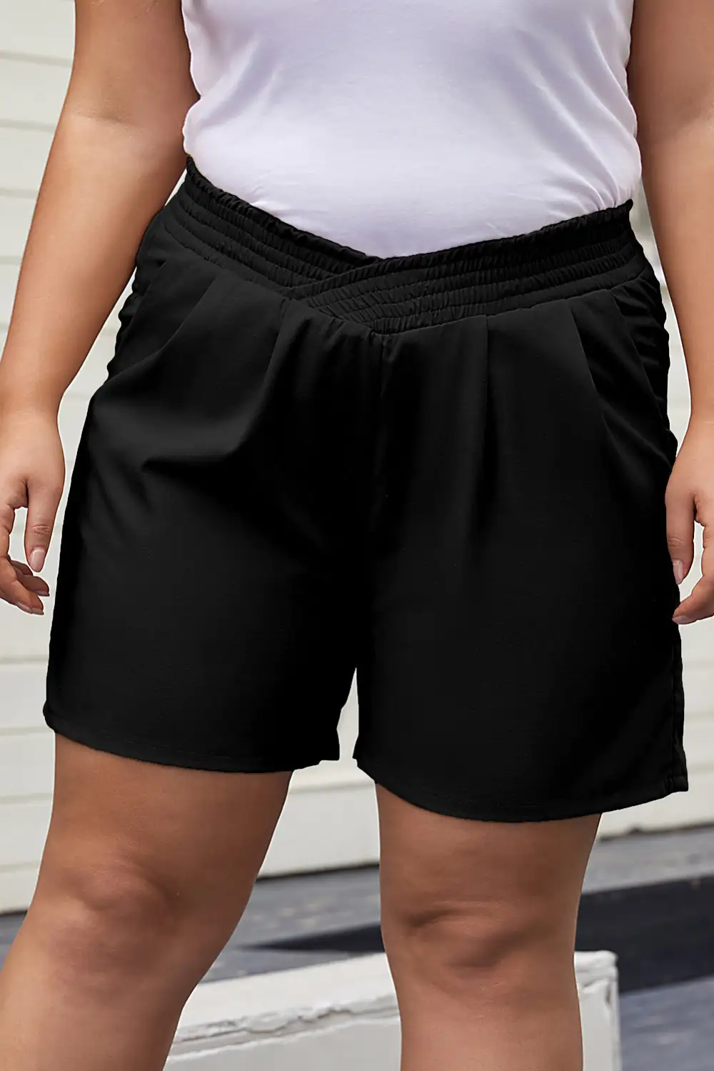 Crossed Elastic Waist Cotton Linen Loose Shorts