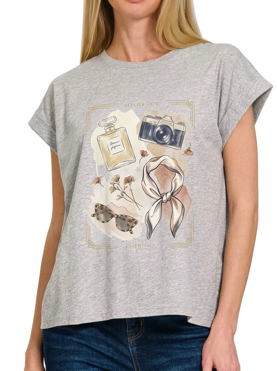 Women's Fashion Lover Camera Perfume Scarf Printed T-shirt
