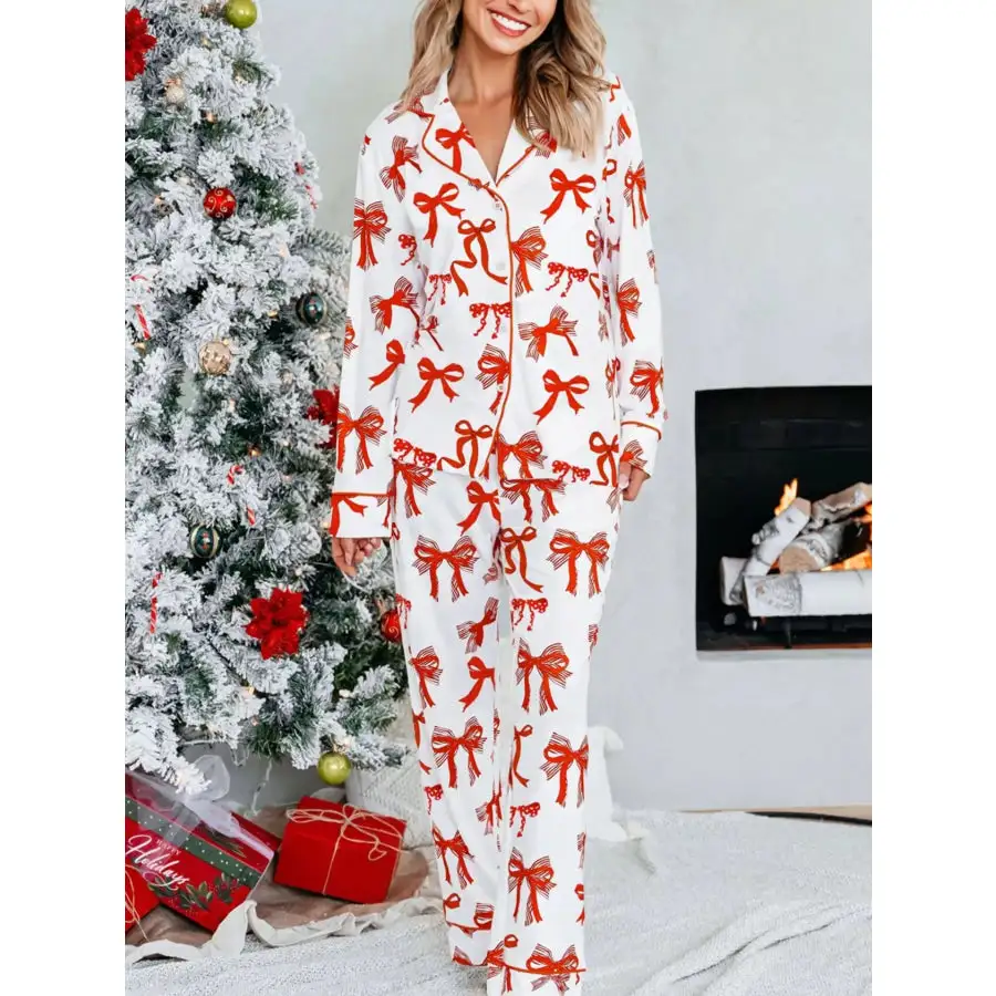 Christmas Bow Print Top and Pants Pcs Pajama Set