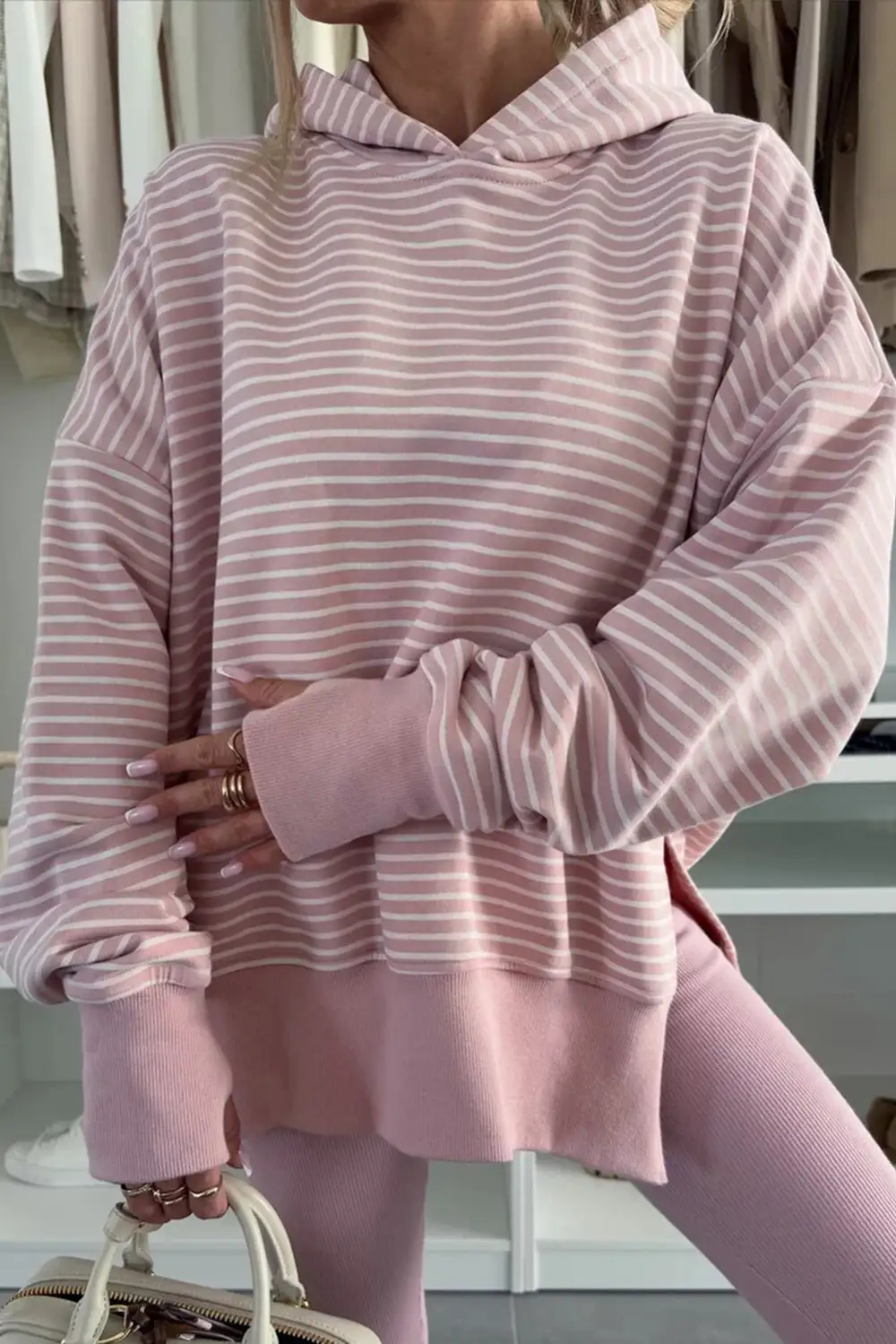 Everyday Relaxed Striped Drop Shoulder Side Slit Hoodie