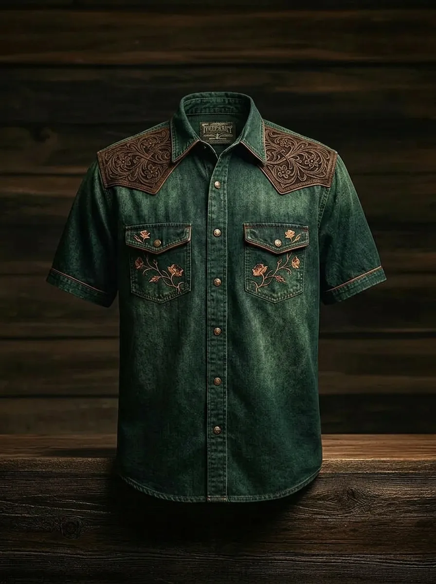 Men's Western Cowboy Floral Tooled Leather Print Short Sleeve Shirt