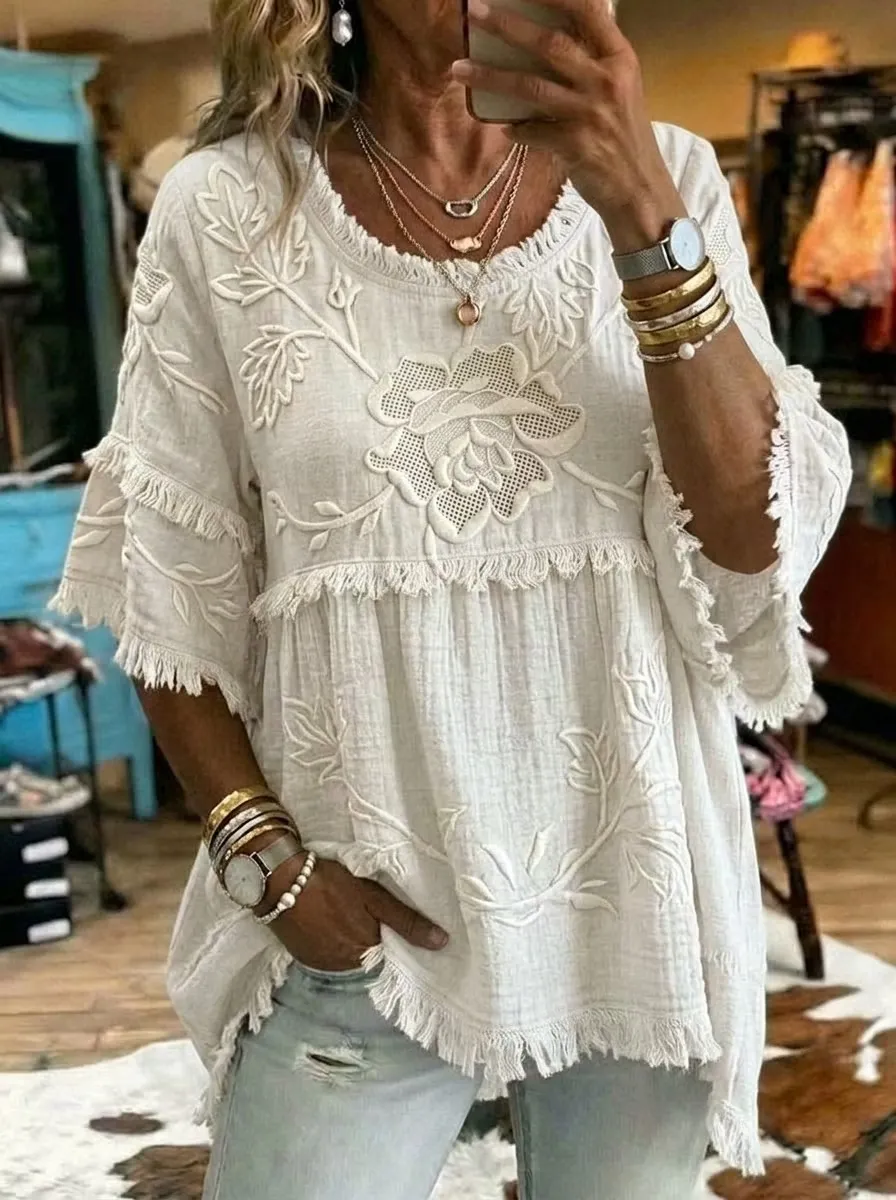 Women'S Retro Western Floral Art Cotton Linen Shirt