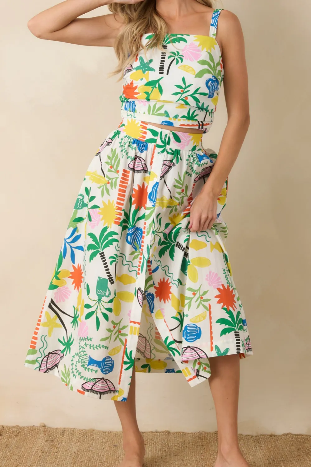 Multi Cotton Coastal Resort Print Midi Skirt