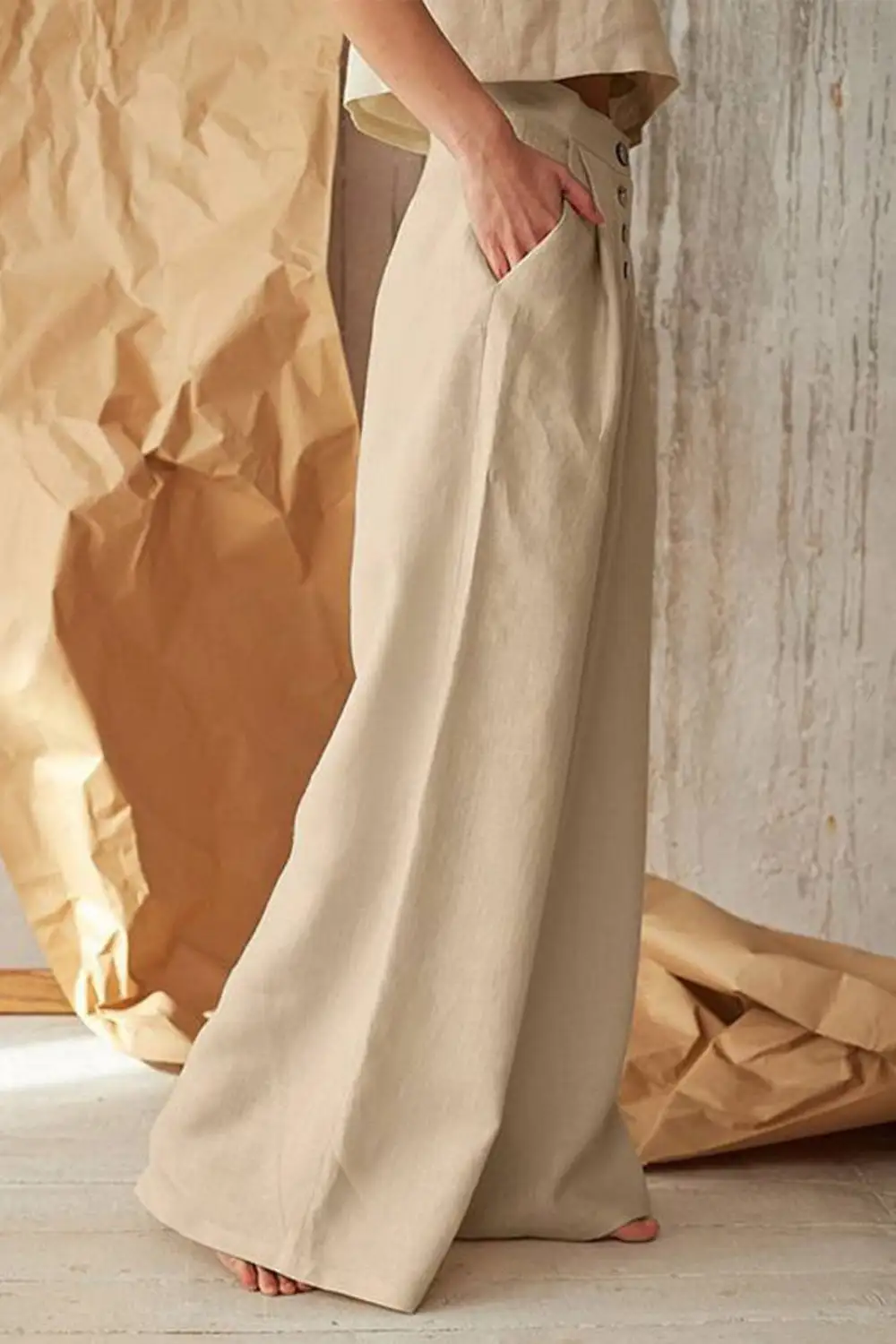 Button Front Wide Leg Pants