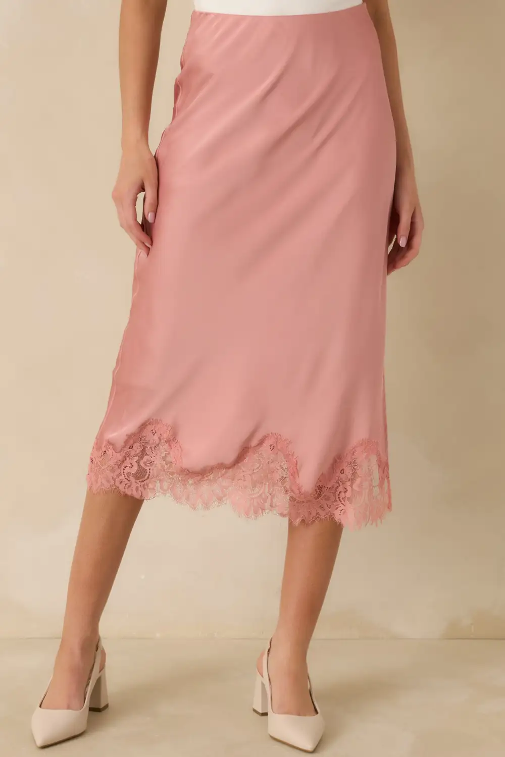 Call Me Later Blush Satin Lace Trim Midi Skirt