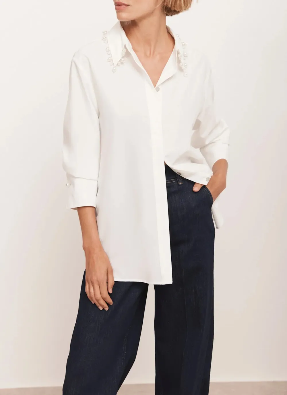 Casual Style Cotton Blend Pearl Collar Shirt