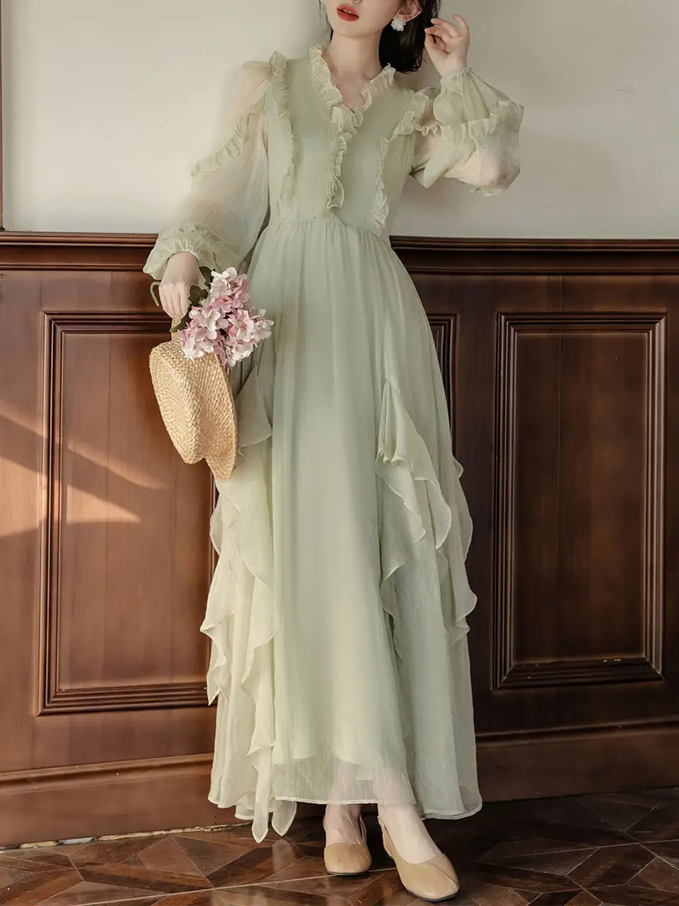 Ruffled Romantic V Neck Long Dress