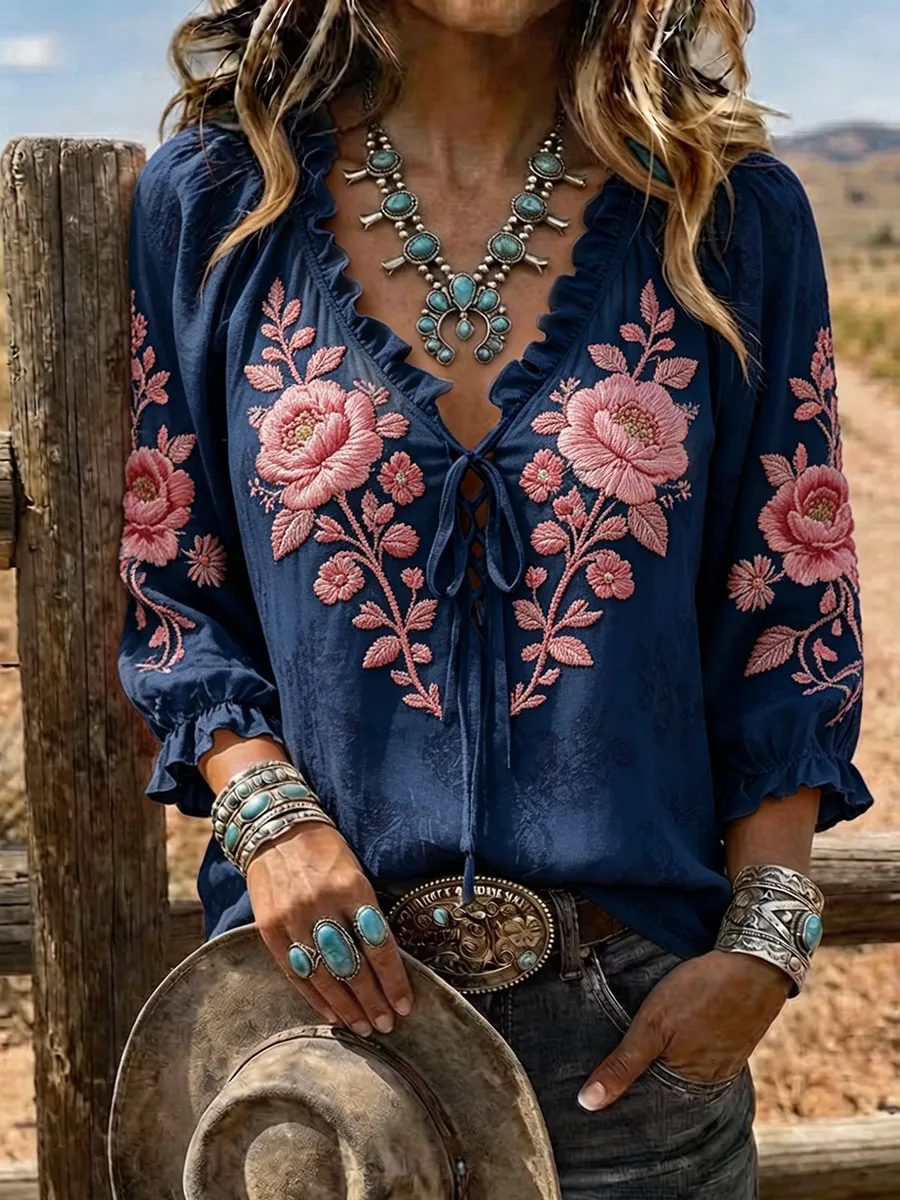 Women's Floral Embroidered Lace-Up Western Blouse