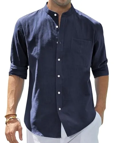Men's Cotton Linen Long Sleeve Shirts Casual Button Down Banded Collar Shirt Beach Summer Tops with Pocket