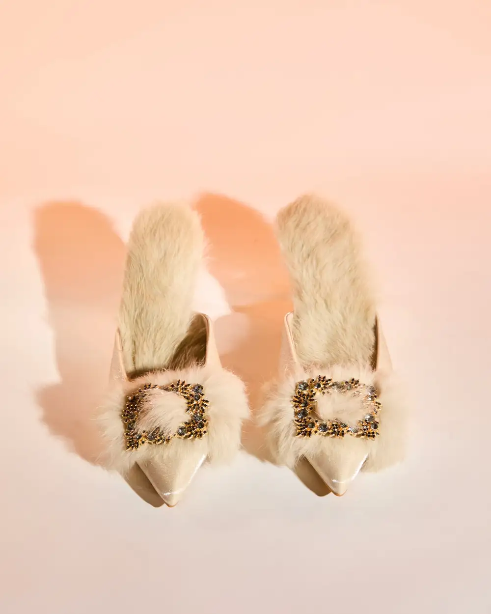 Faux Fur Satin Mules in Natural