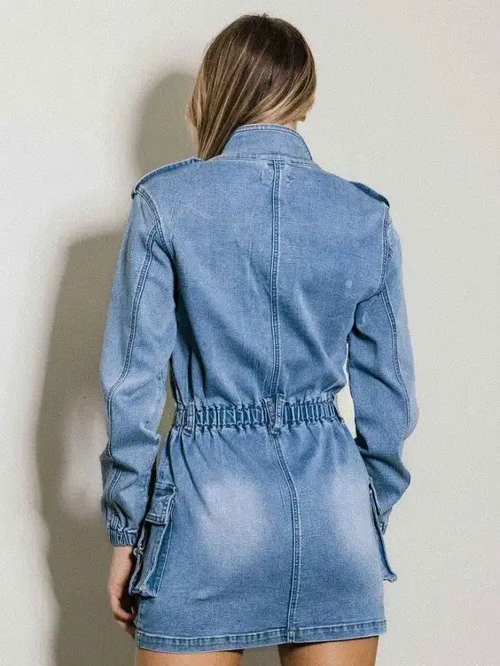 Denim is My Love Language Long Sleeve Denim Romper Skirt