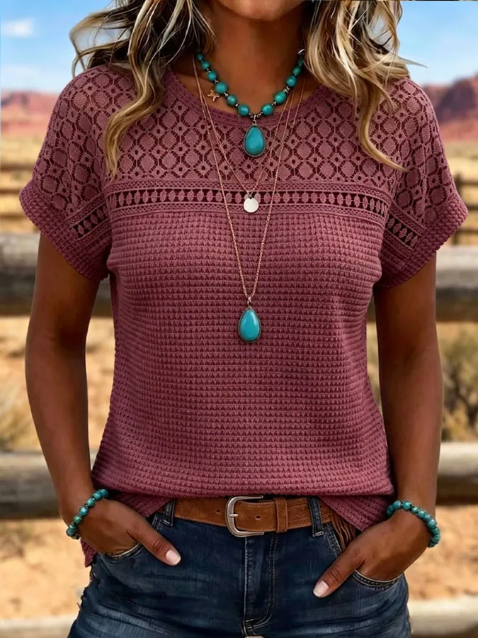Women'S Retro Art Patchwork Hollow Design Shirt