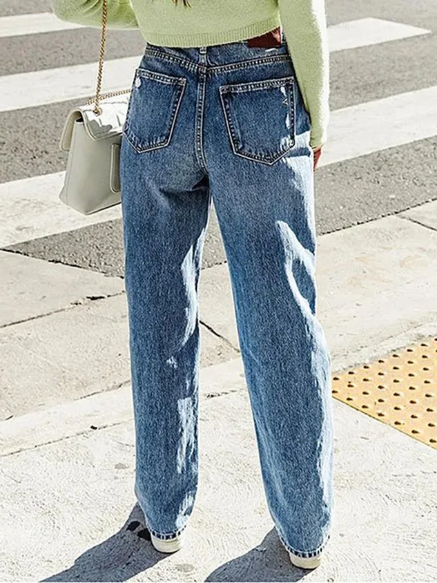 Denim Loose Casual Plain Jeans