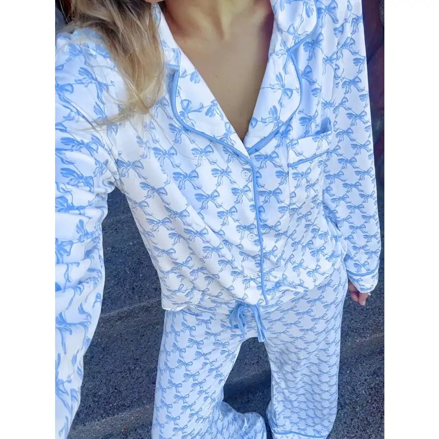 Bow Print Long Sleeve Shirt and Pants Pajama Set