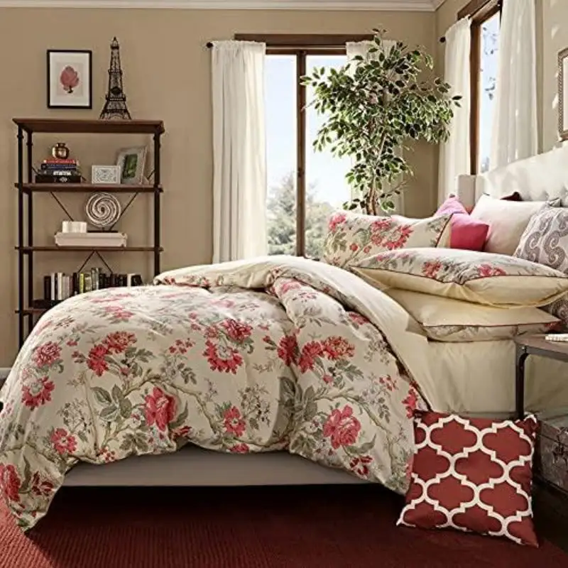 Garden Style 3 Pieces Red Flower Leaf Pattern Duvet Cover Set Cotton Reversible Comforter Cover Set Easy Care, Soft, Durable