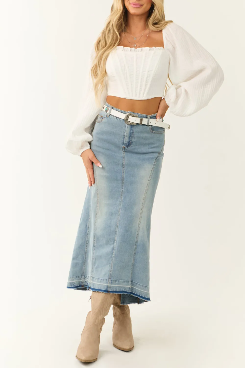 Medium Wash Denim High Low Maxi Skirt