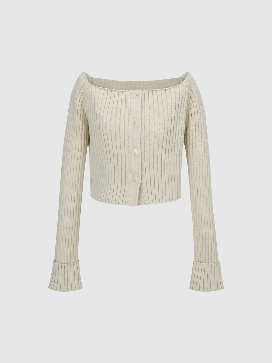 Lady'S Off-The-Shoulder Button-Up And Elegant Knitted Sweater