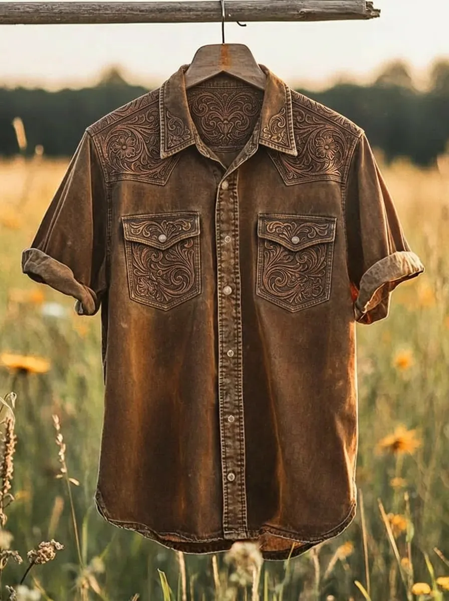 Men's Western Cowboy Floral Tooled Leather Printed Shirt-2