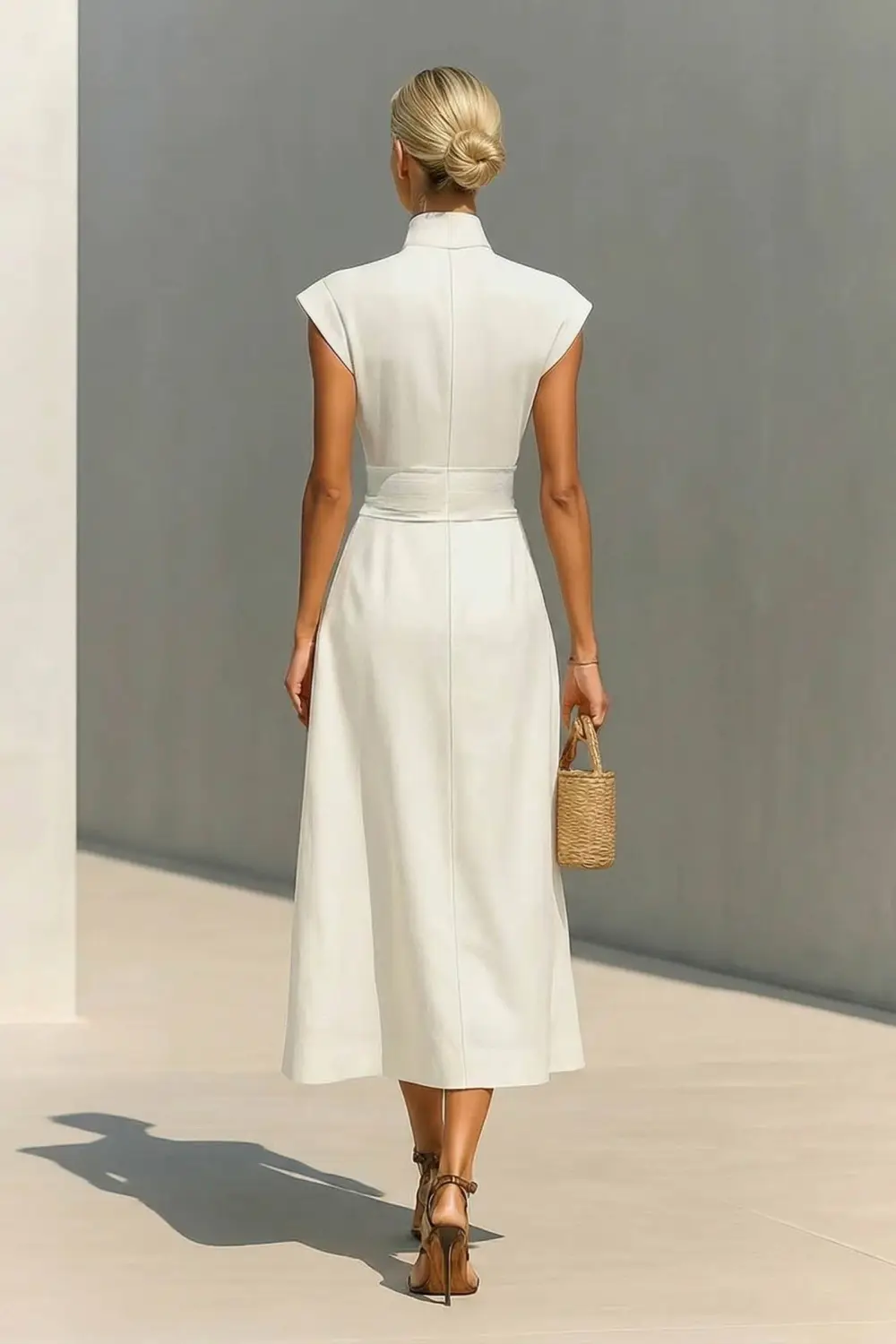 Stand Collar High Waisted Midi Dress