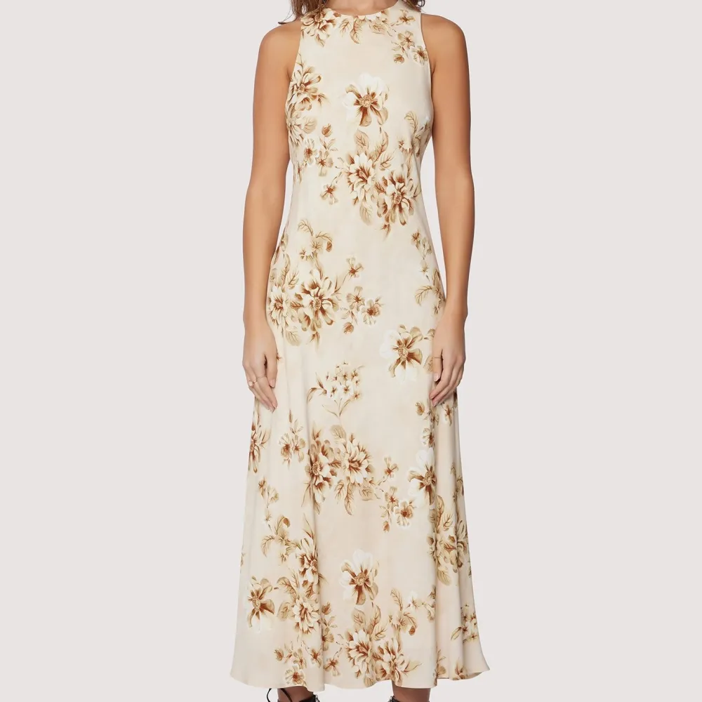 Women's Floral Button Front Crew Neck Midi Dress