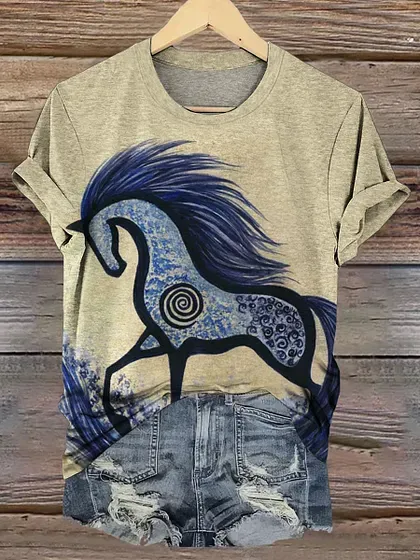 Women'S Retro Ethnic Western Horse Print Round Neck T-Shirt