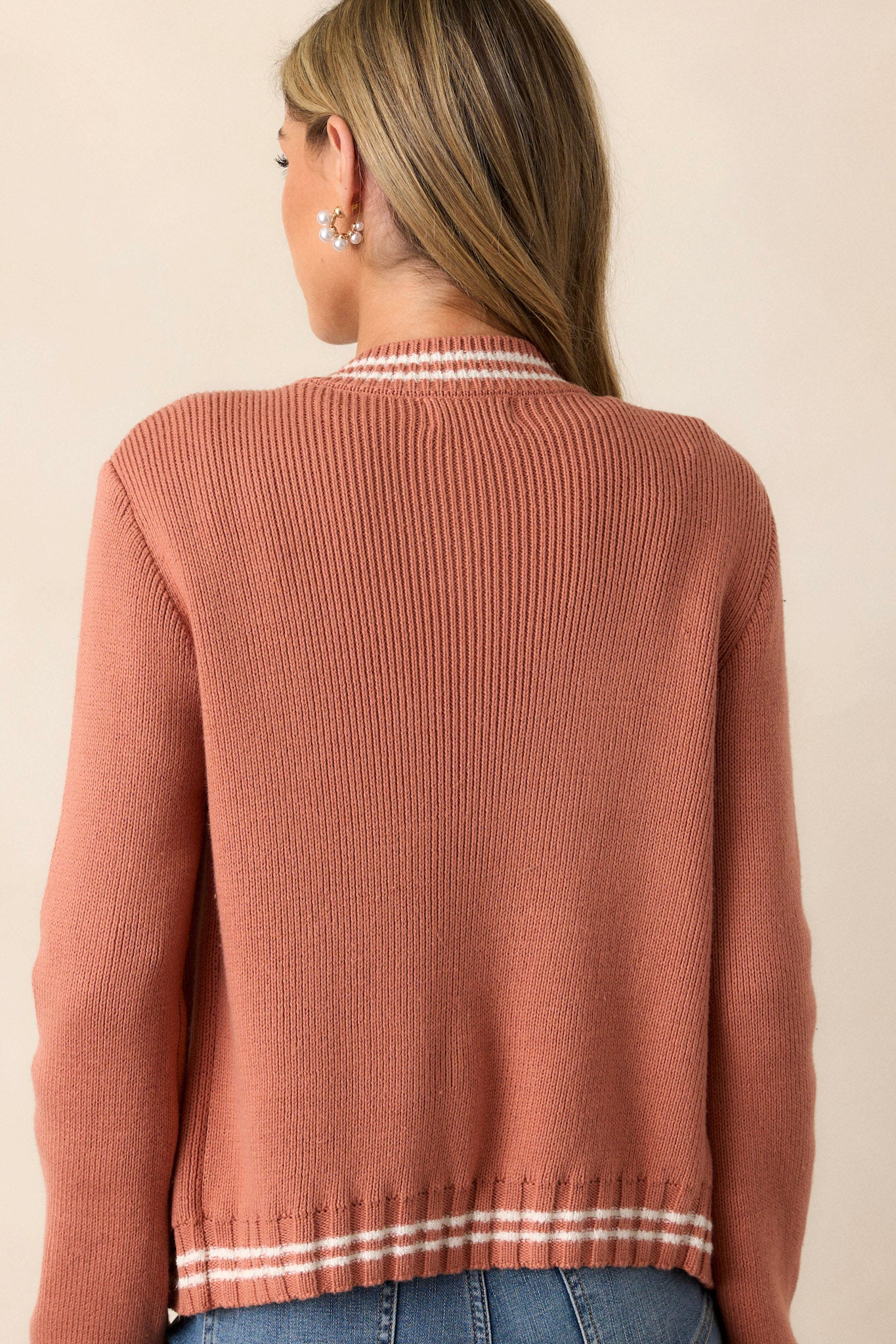 Never Late Terracotta Knit Varsity Cardigan