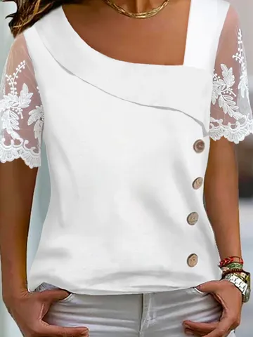 Casual Asymmetrical Neck Buttoned Mesh Blouse