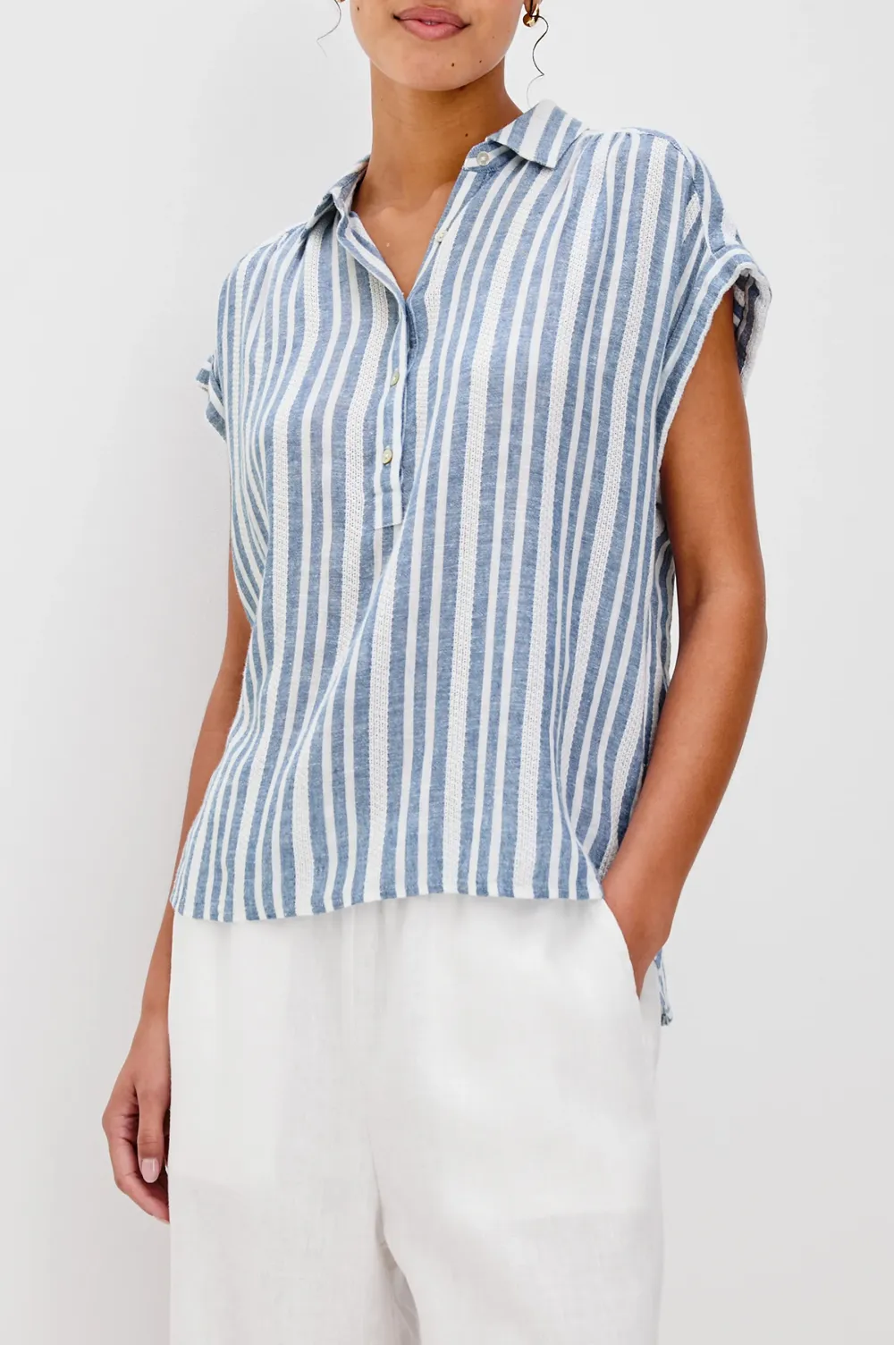 V-Neck Vertical Striped Blue Casual Shirt