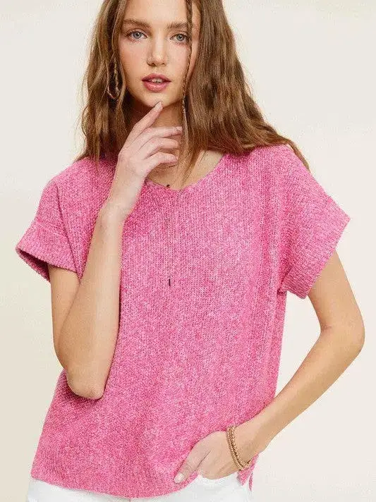 Classy and Fabulous Soft V-Neck Short Sleeve Sweater Top