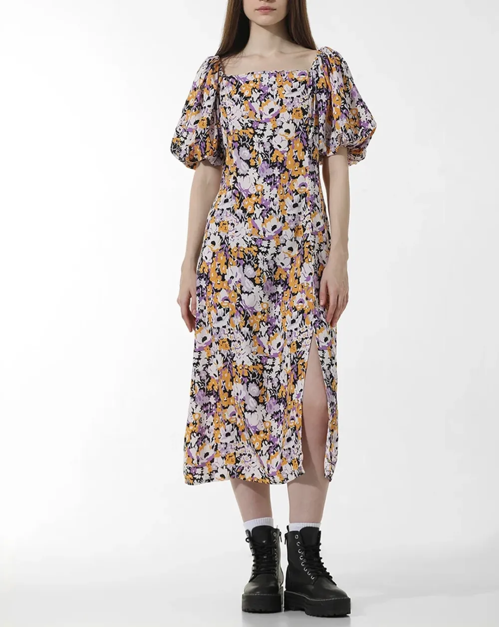 Square-Neck Puff-Sleeve Floral-Print Midi Dress